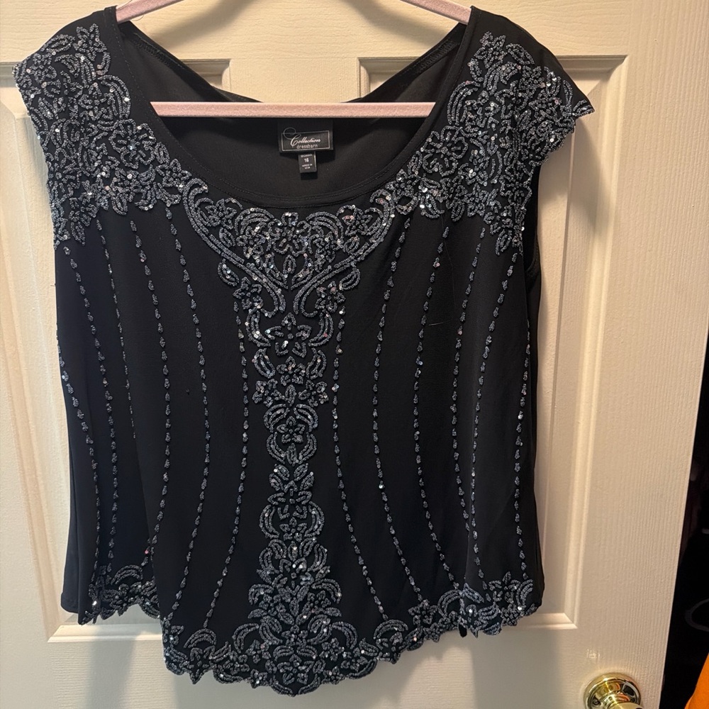 Dressbarn Elegant Black Blouse with Intricate Silver Detailing